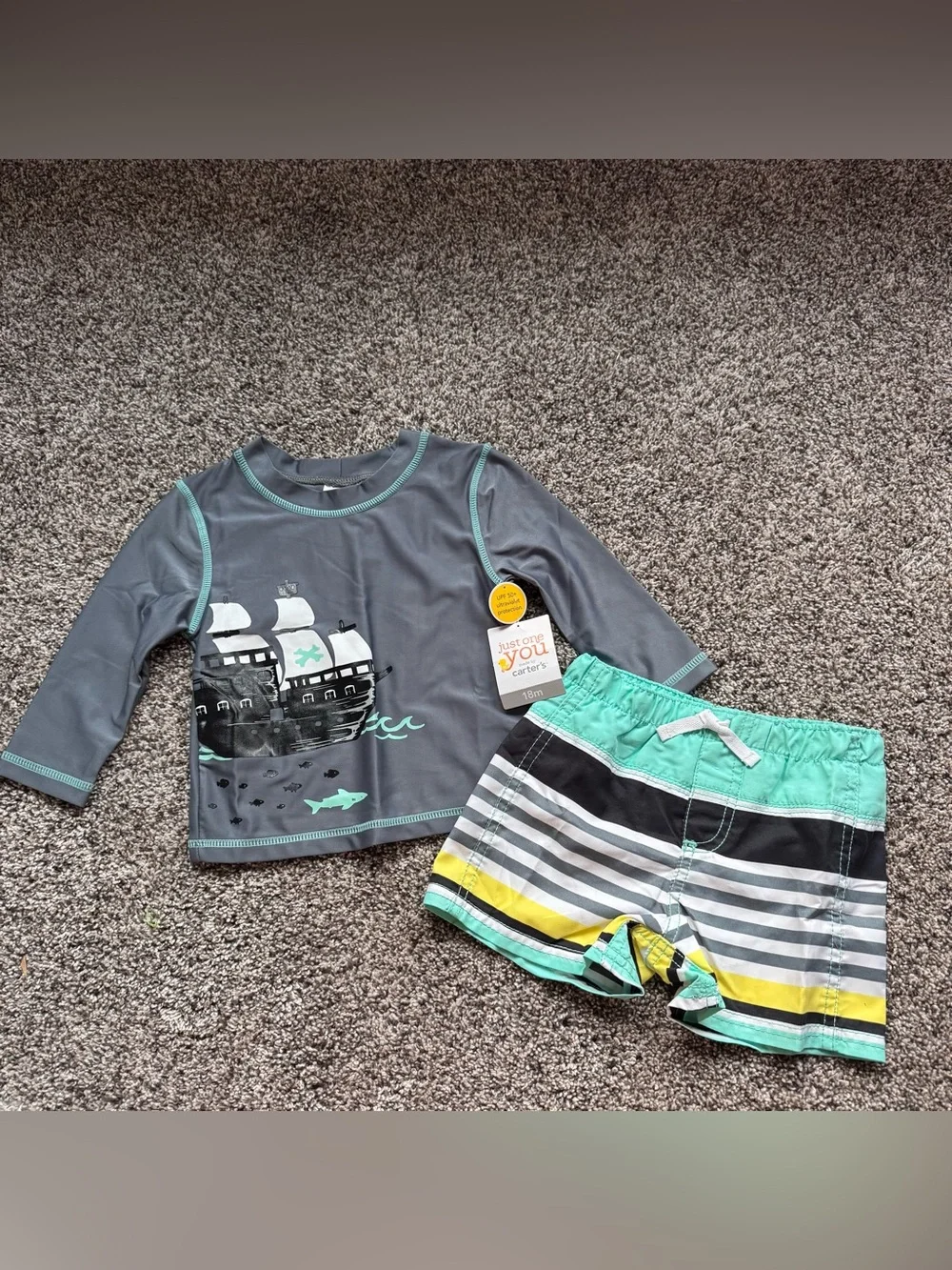 Gray and Teal Kids Swim Set — Long-Sleeve Rash Guard with Striped Trunks